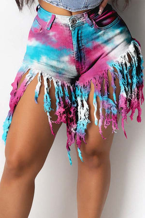 Fashion Sexy Tassel Tie-dye Denim Shorts