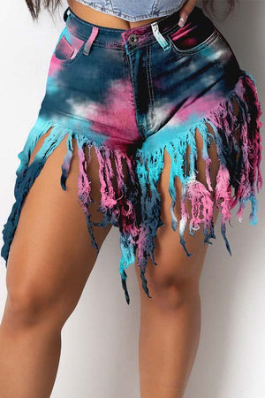 Fashion Sexy Tassel Tie-dye Denim Shorts