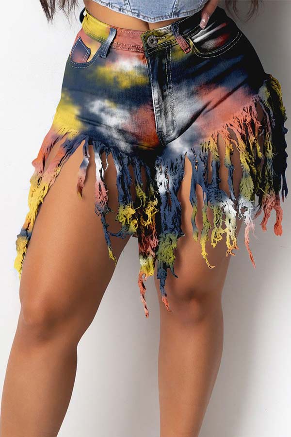 Fashion Sexy Tassel Tie-dye Denim Shorts