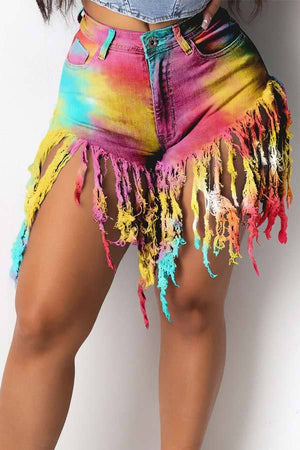 Fashion Sexy Tassel Tie-dye Denim Shorts