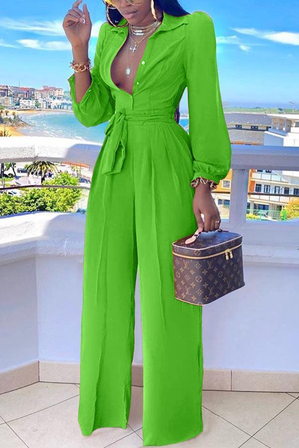 Fashion Shirt Collar Solid Color Lace Up Jumpsuit