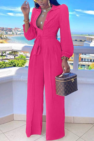 Fashion Shirt Collar Solid Color Lace Up Jumpsuit