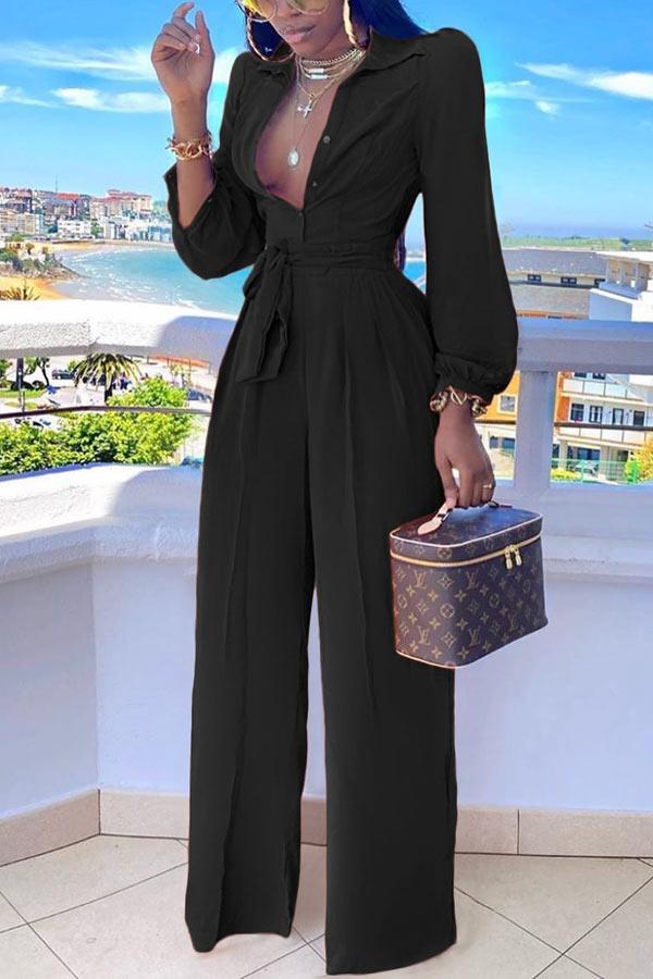 Fashion Shirt Collar Solid Color Lace Up Jumpsuit