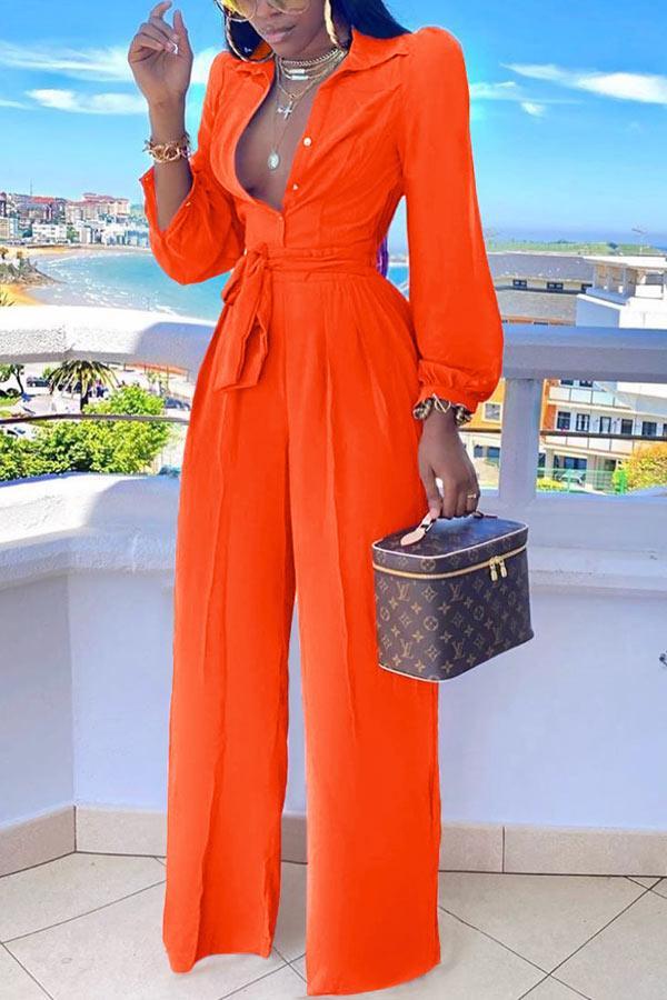 Fashion Shirt Collar Solid Color Lace Up Jumpsuit