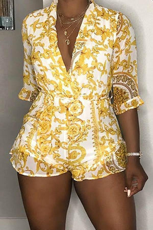 Fashion Short Sleeve Print V Neck Romper