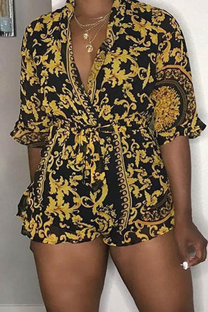 Fashion Short Sleeve Print V Neck Romper