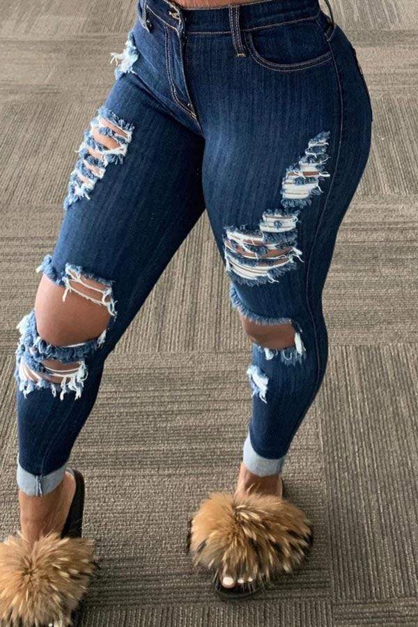 Fashion Skinny Holes Mid Waist Jeans