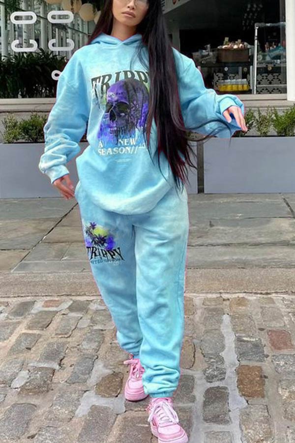 Fashion Skull Head Print Hoodie Pants Set