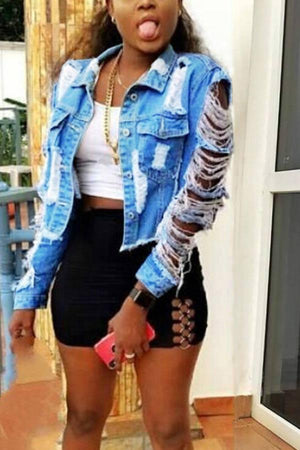 Fashion Slim Holes Denim Short Coat