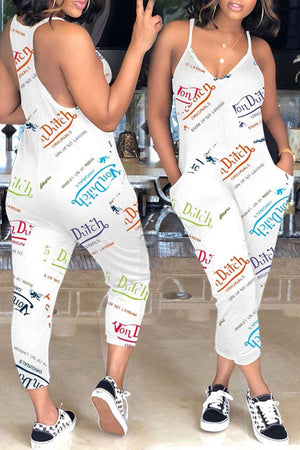 Fashion Sling Letter Print Loose Jumpsuits