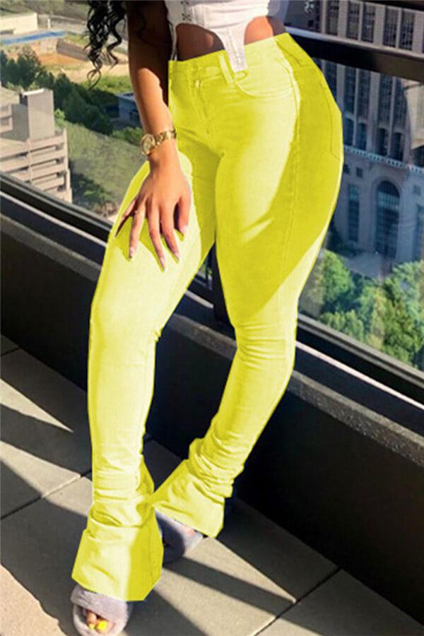 Fashion Solid  Color Fold Straight Denim Jeans