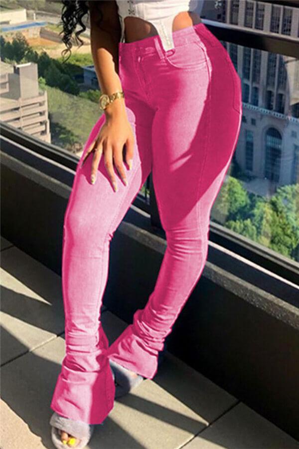 Fashion Solid  Color Fold Straight Denim Jeans