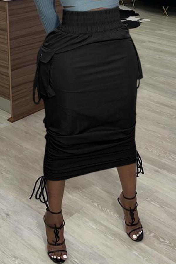 Fashion Solid Color Pocket Design Skirt