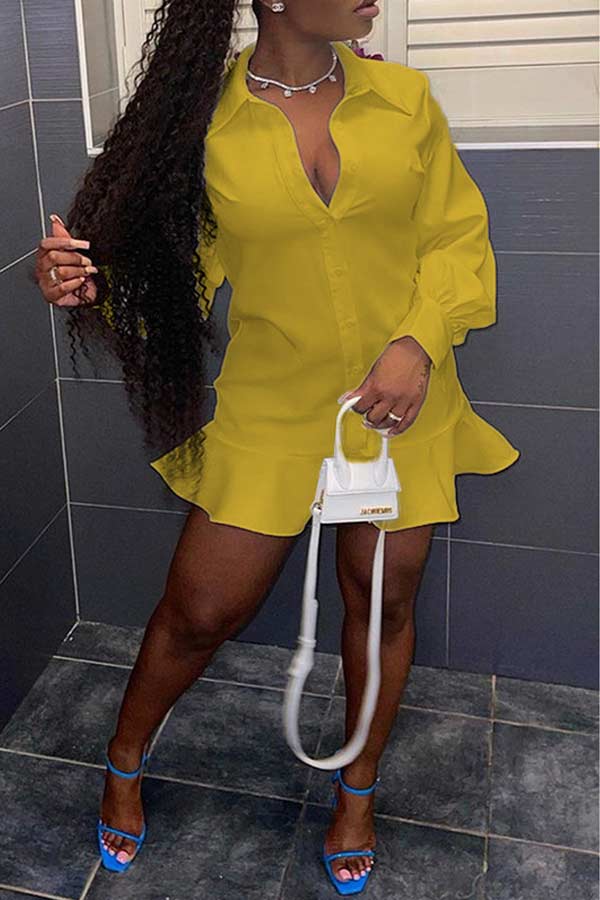 Fashion Solid Color Ruffled Hem Shirt Dress