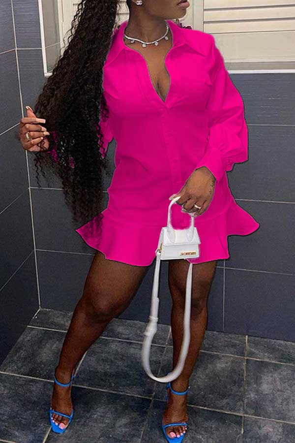 Fashion Solid Color Ruffled Hem Shirt Dress