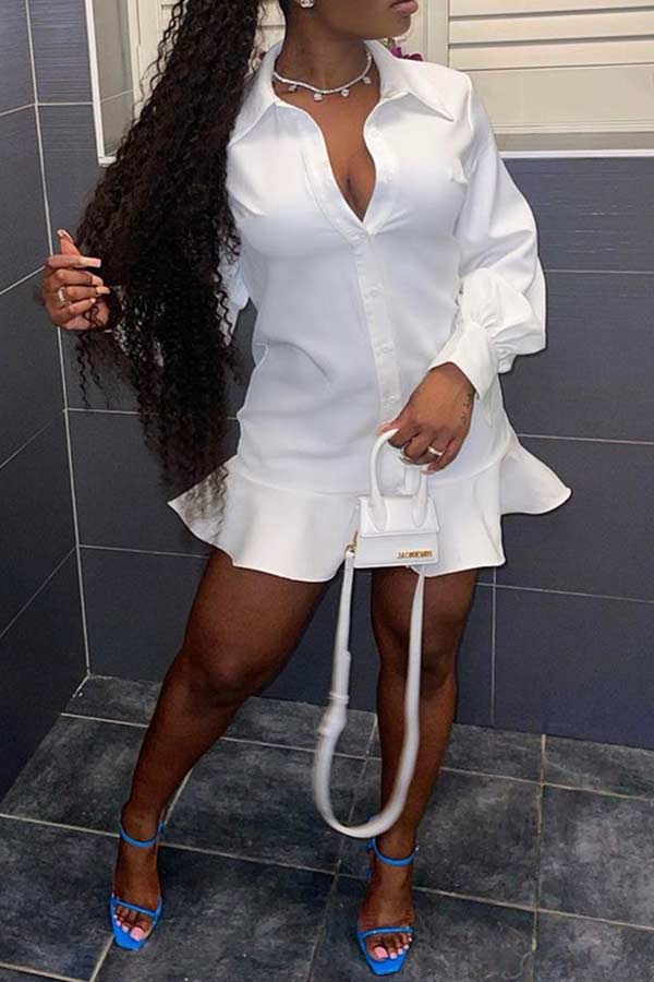 Fashion Solid Color Ruffled Hem Shirt Dress