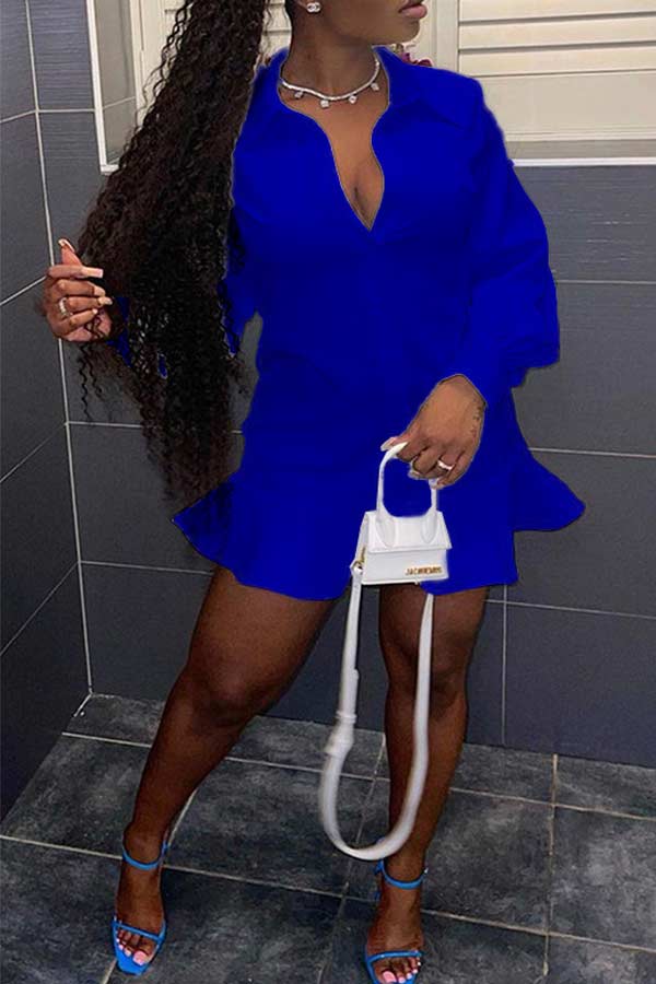 Fashion Solid Color Ruffled Hem Shirt Dress