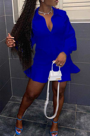Fashion Solid Color Ruffled Hem Shirt Dress