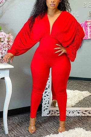 Fashion Solid V-neck Bat Sleeve Jumpsuit