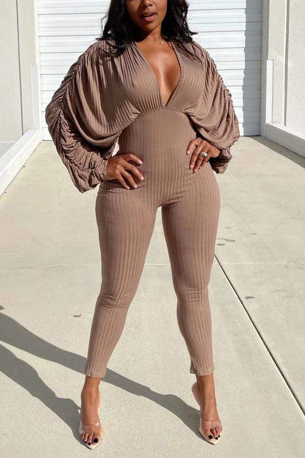 Fashion Solid V-neck Bat Sleeve Jumpsuit