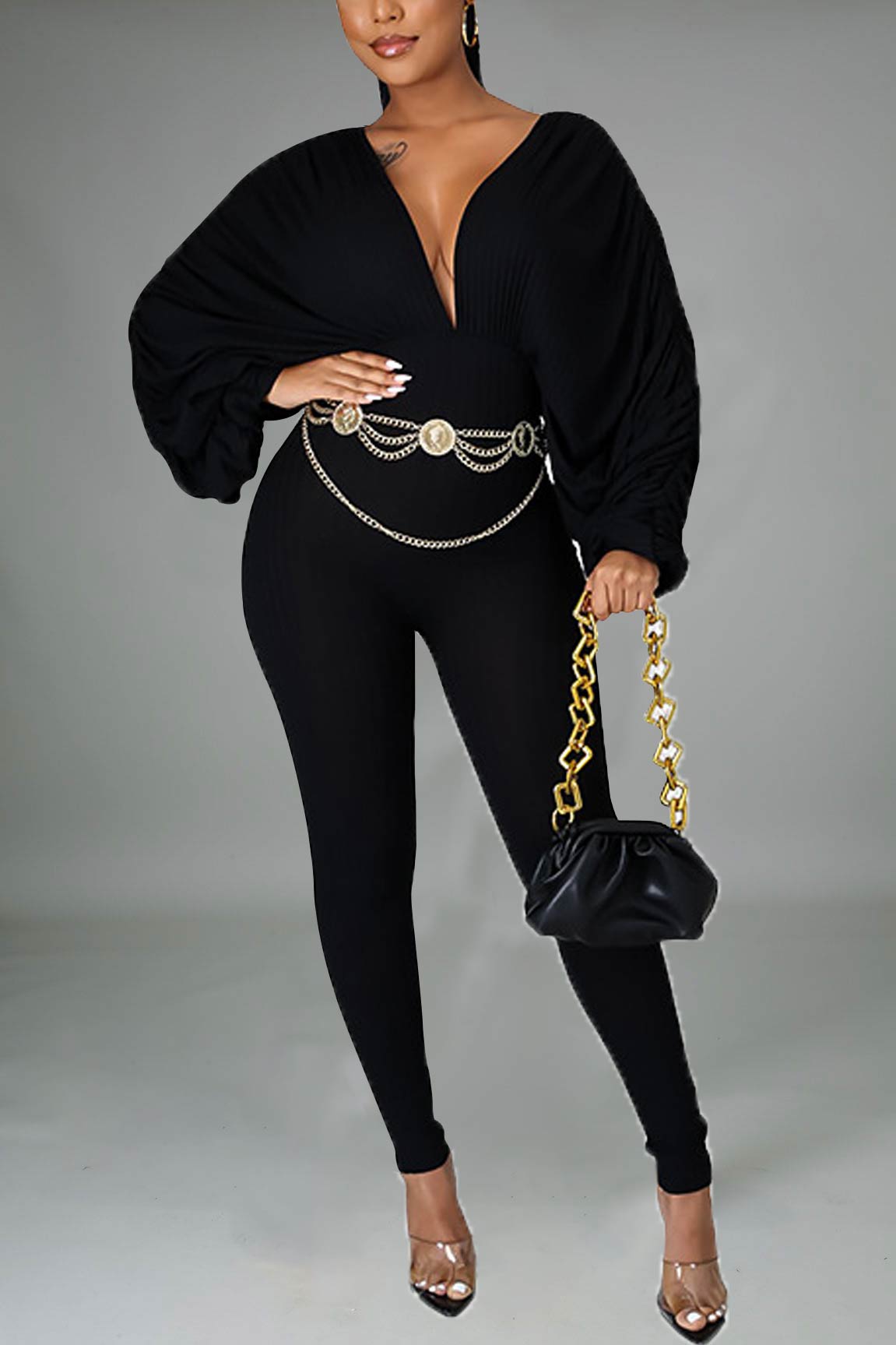 Fashion Solid V-neck Bat Sleeve Jumpsuit