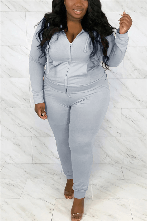 Fashion Sportswear Solid Color Hoodie Plus Size Set