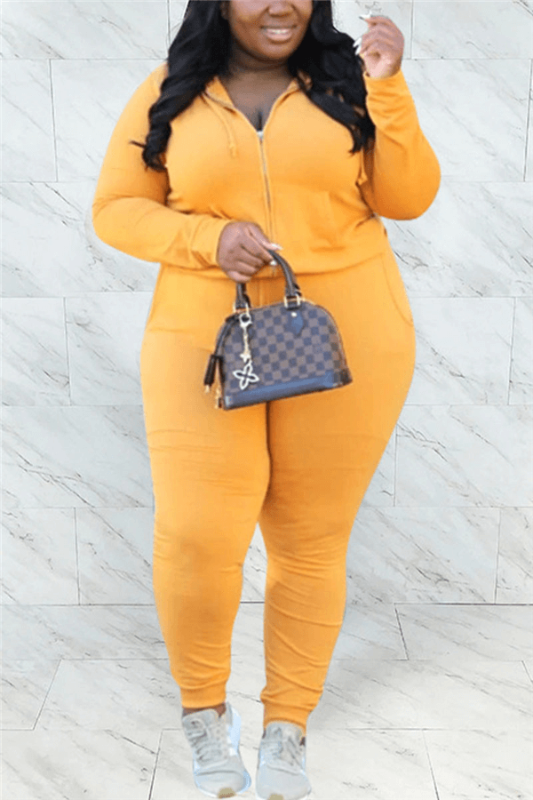 Fashion Sportswear Solid Color Hoodie Plus Size Set