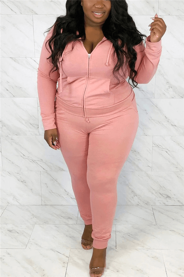 Fashion Sportswear Solid Color Hoodie Plus Size Set