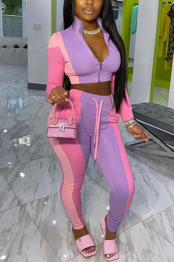 Fashion Stitching Zipper Collar Two Pieces