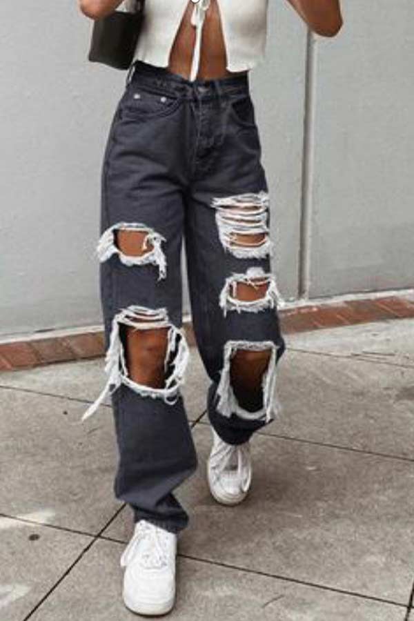 Fashion Street High Waist Ripped Jeans