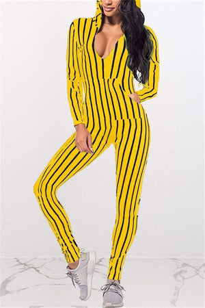 Fashion Striped Printed Hooded Jumpsuit