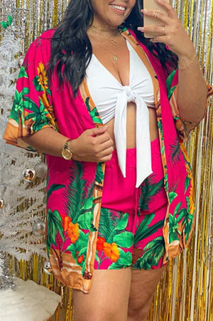 Fashion Summer Print V Neck Plus Size Set