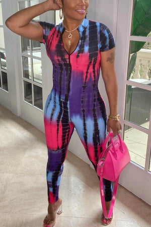 Fashion Summer Zipper Tie-dye Jumpsuit