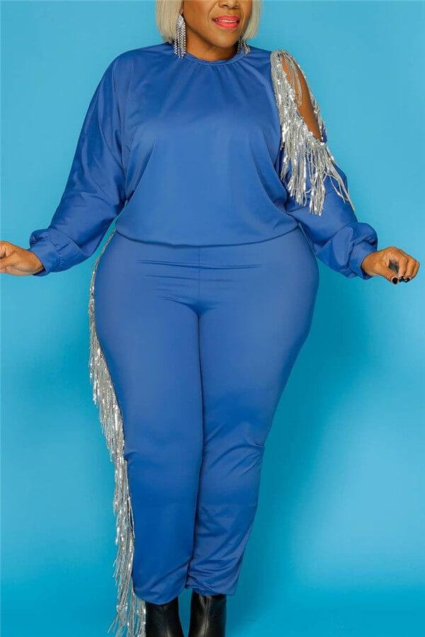 Fashion Tassel Patchwork Plus Size Two Piece
