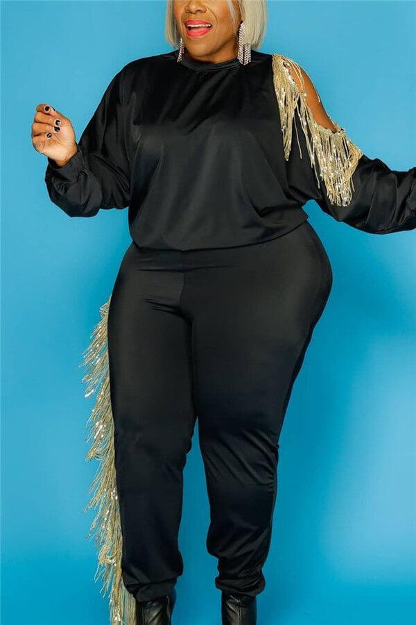 Fashion Tassel Patchwork Plus Size Two Piece