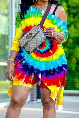 Fashion Tie-dye One Shoulder Plus Size Set