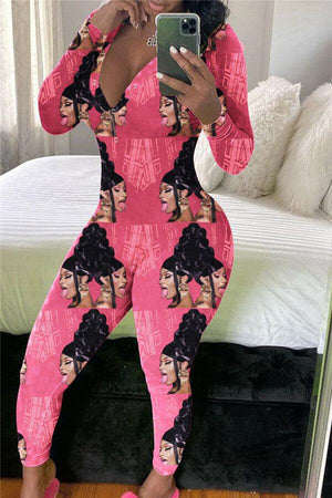 Fashion V Neck Cartoon Print Skinny Jumpsuits