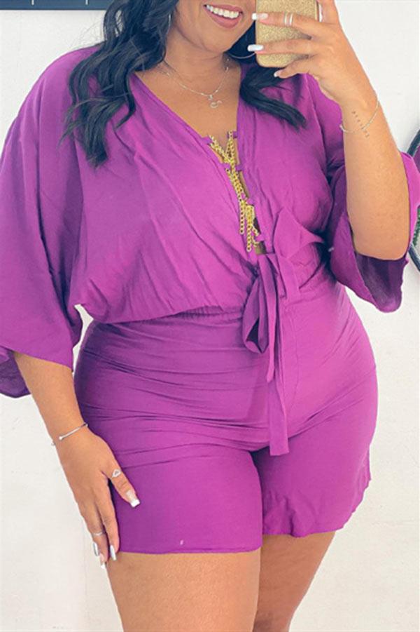 Fashion V Neck Plus Size Shorts Set