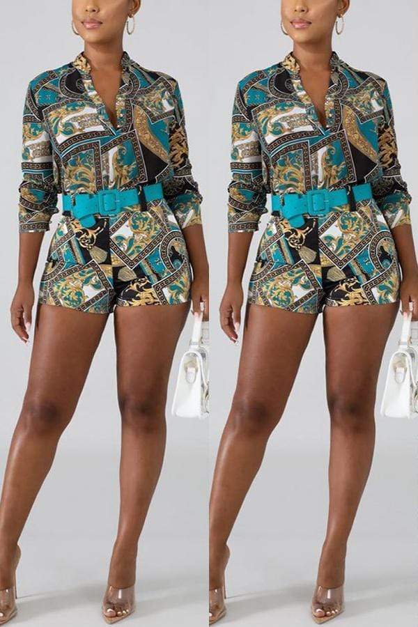 Fashion Casual Print  Shirt Set (With Belt) - VogueRegion