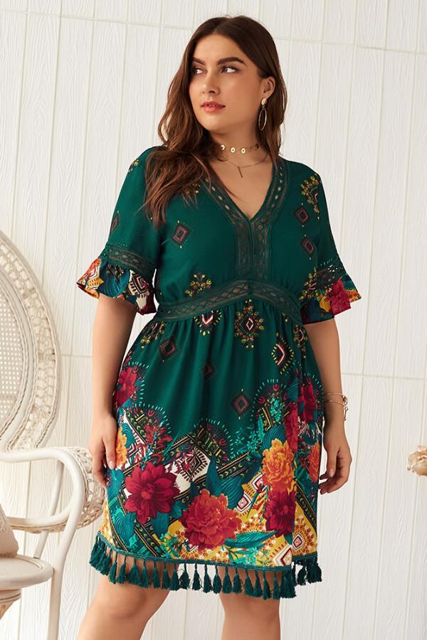 Fashion V-Neck Bohemian Print Dress