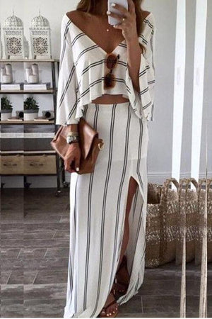 Loose White Stripe Dress Two Piece