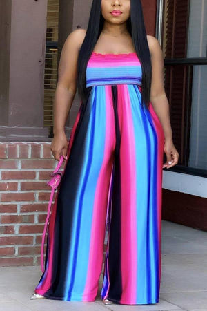 Sexy Backless Lace-up Color Striped Jumpsuit