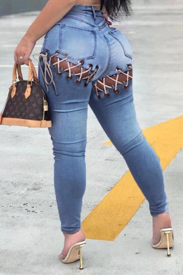 Sexy Bandage Hollowed Out Plus Size Jeans