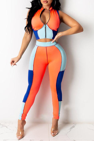 Sexy Color Block Zipper Collar Sleeveless Set
