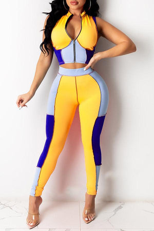 Sexy Color Block Zipper Collar Sleeveless Set