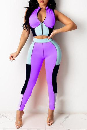 Sexy Color Block Zipper Collar Sleeveless Set