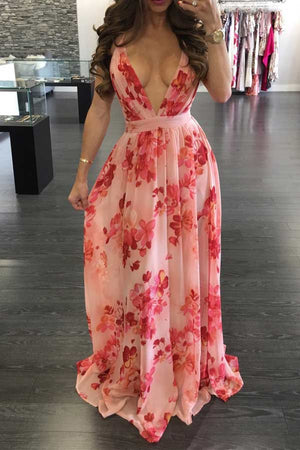 Sexy Deep V Backless Chiffon Dress