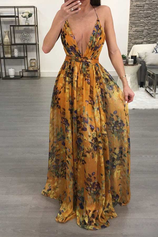 Sexy Deep V Backless Chiffon Dress