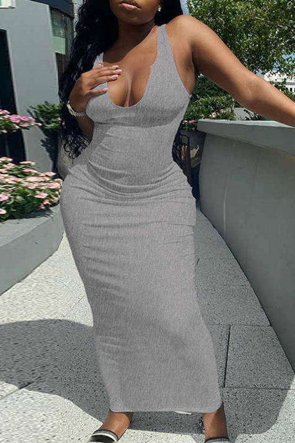 Sexy Deep V Slim Solid Color Long Dress