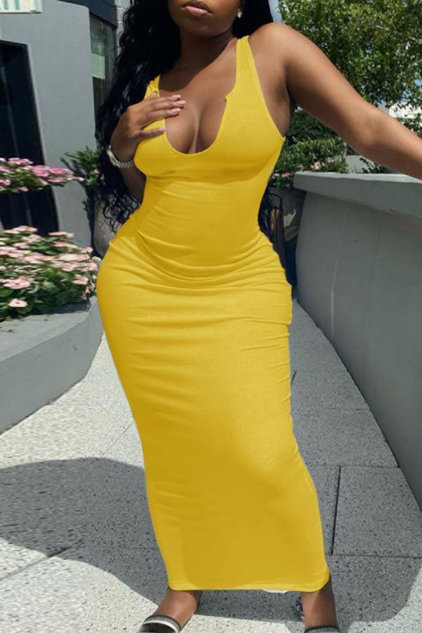 Sexy Deep V Slim Solid Color Long Dress